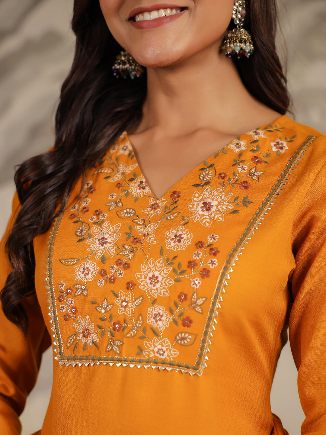Janasya Bright Cotton Blend Yoke Embroidery Straight Kurta Set | Swadesiicart