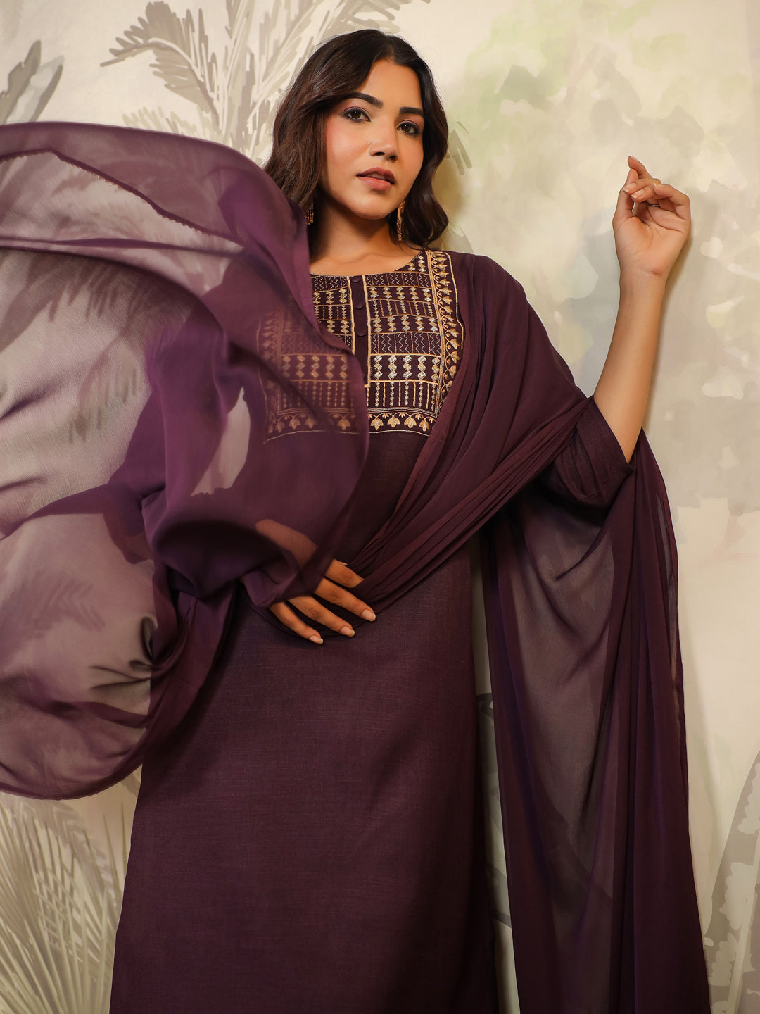 Janasya Dark Cotton Blend Yoke Embroidery Straight Kurta Set | Swadesiicart