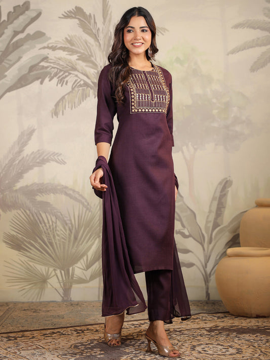 Janasya Dark Cotton Blend Yoke Embroidery Straight Kurta Set | Swadesiicart