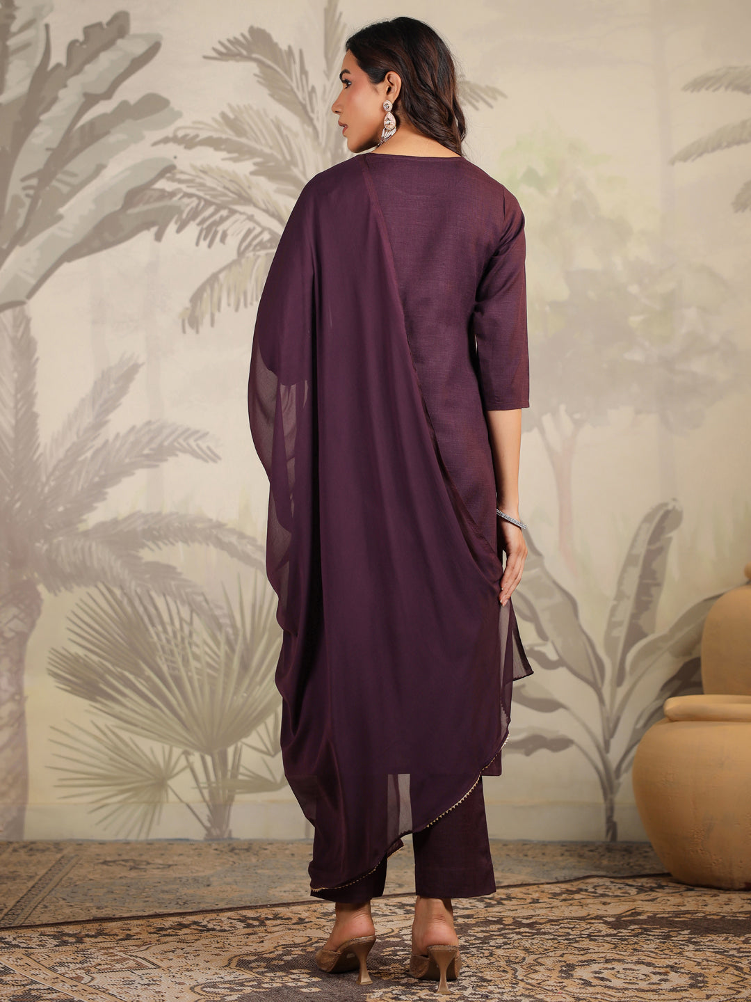 Janasya Dark Cotton Blend Yoke Embroidery Straight Kurta Set | Swadesiicart