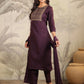 Janasya Dark Cotton Blend Yoke Embroidery Straight Kurta Set | Swadesiicart