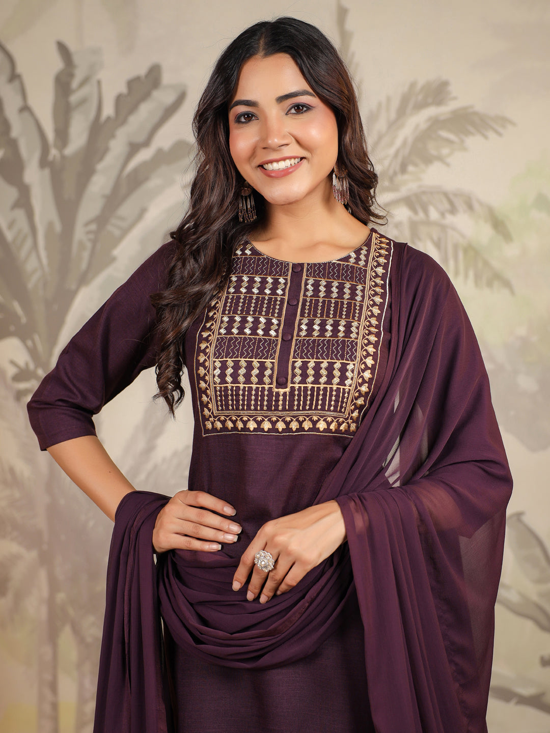 Janasya Dark Cotton Blend Yoke Embroidery Straight Kurta Set | Swadesiicart