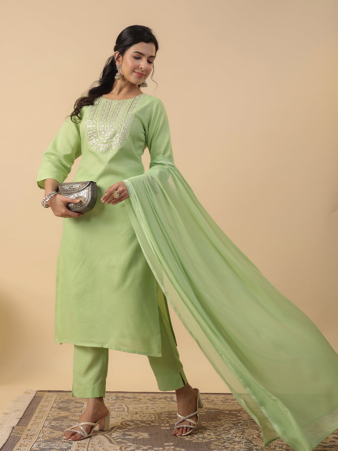 Janasya Bright Cotton Blend Yoke Embroidery Straight Kurta Set | Swadesiicart