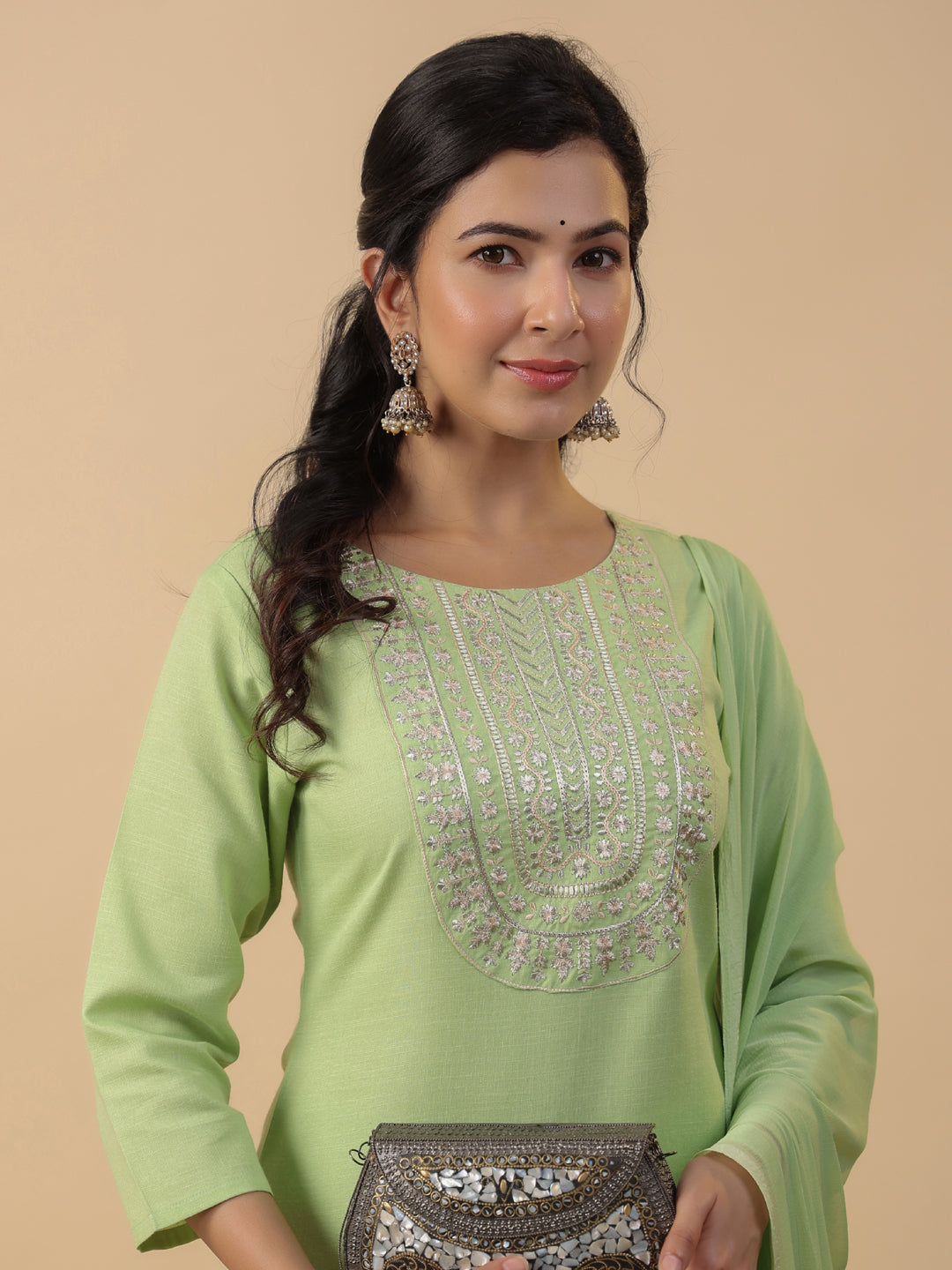 Janasya Bright Cotton Blend Yoke Embroidery Straight Kurta Set | Swadesiicart