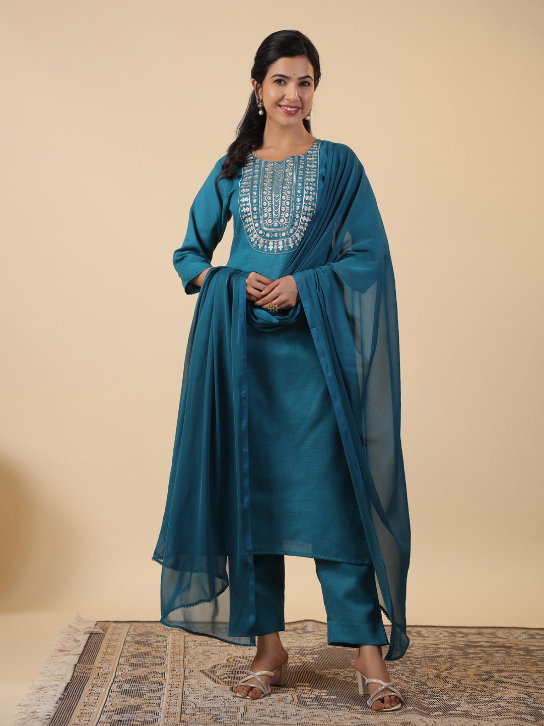 Janasya Bright Cotton Blend Embroidered Straight Kurta Set | Swadesiicart