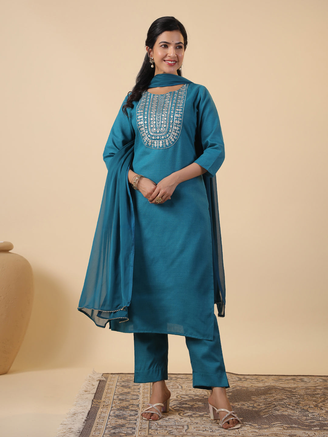 Janasya Bright Cotton Blend Embroidered Straight Kurta Set | Swadesiicart