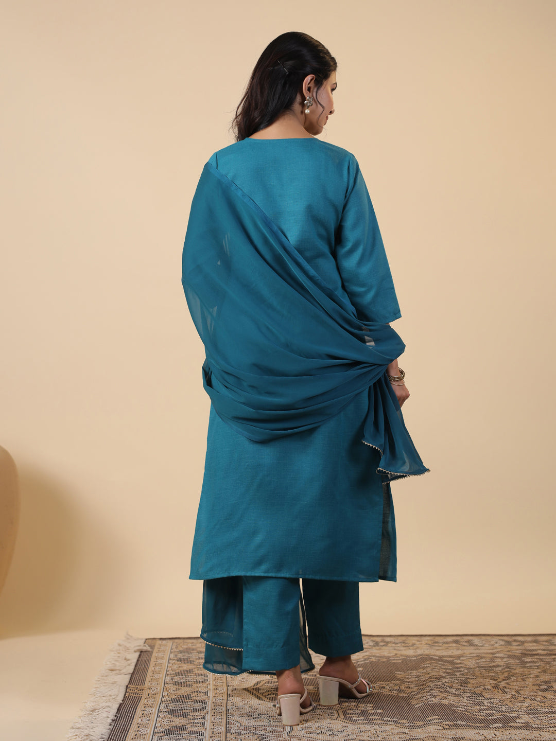 Janasya Bright Cotton Blend Embroidered Straight Kurta Set | Swadesiicart