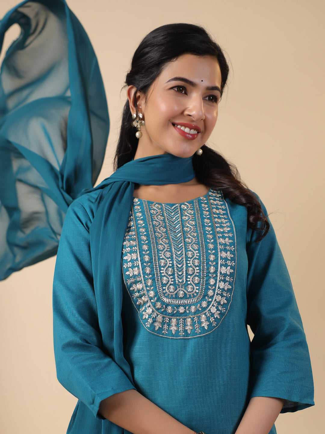 Janasya Bright Cotton Blend Embroidered Straight Kurta Set | Swadesiicart