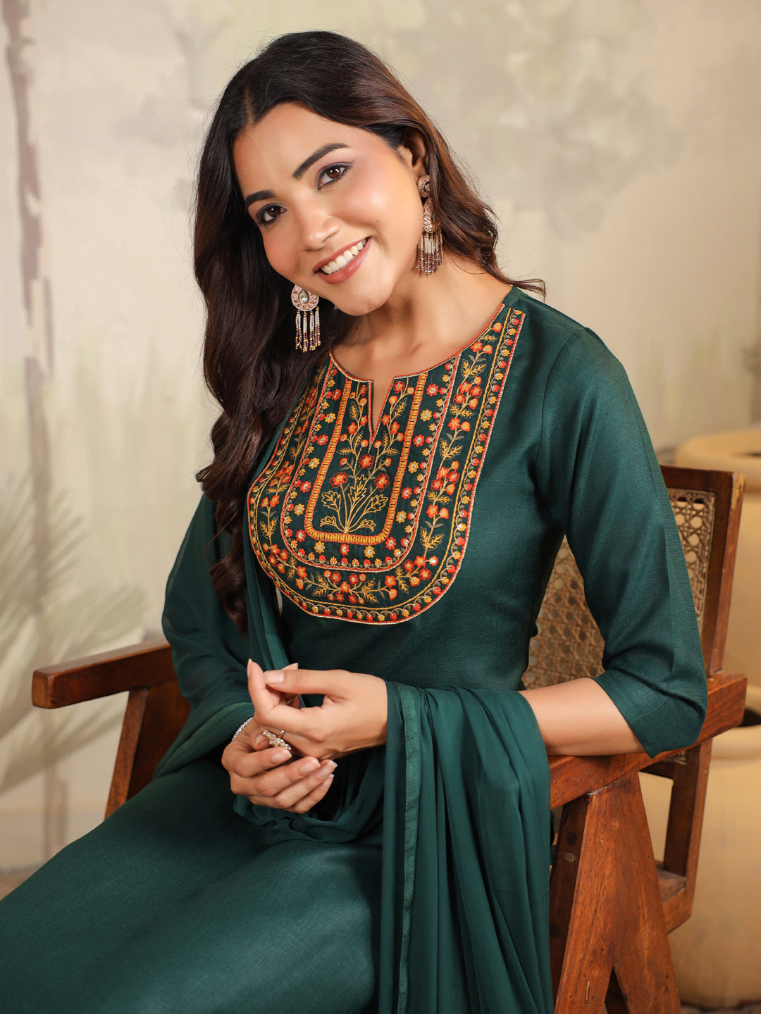 Janasya Dark Cotton Blend Yoke Embroidery Straight Kurta Set | Swadesiicart