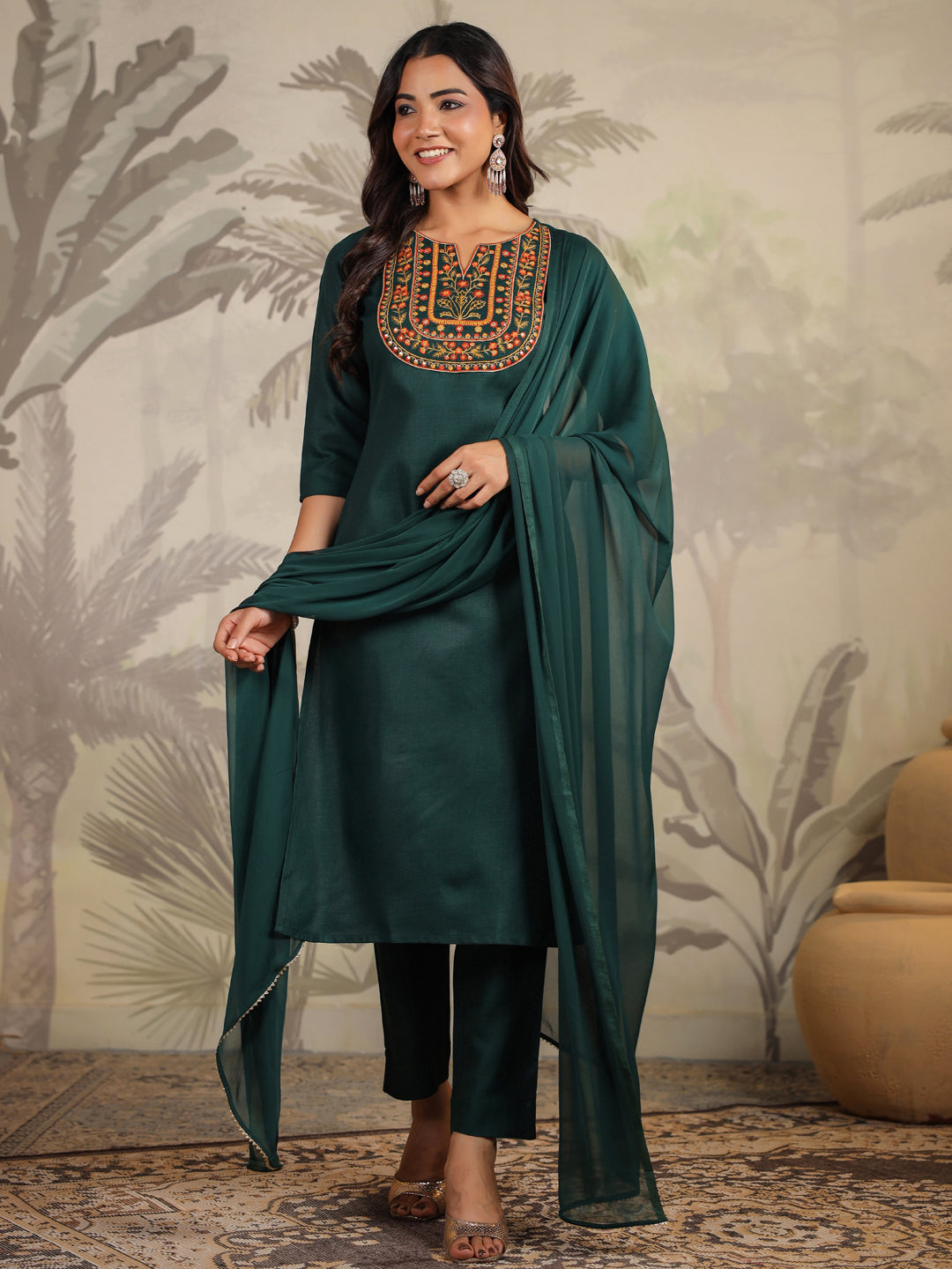 Janasya Dark Cotton Blend Yoke Embroidery Straight Kurta Set | Swadesiicart