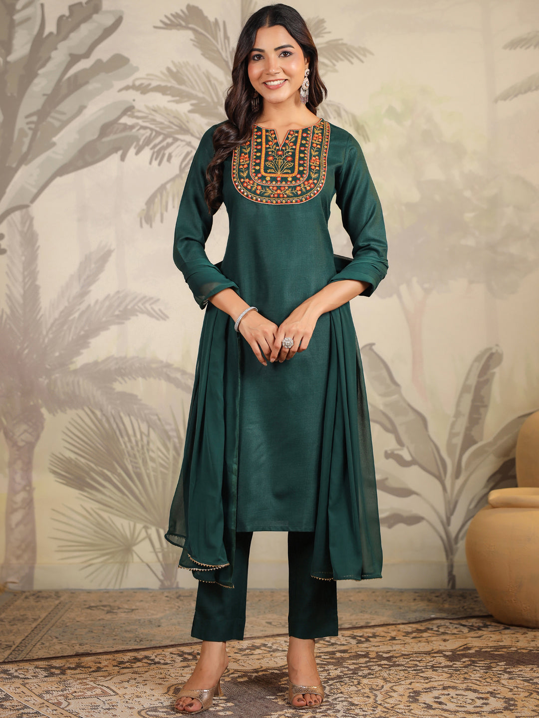 Janasya Dark Cotton Blend Yoke Embroidery Straight Kurta Set | Swadesiicart