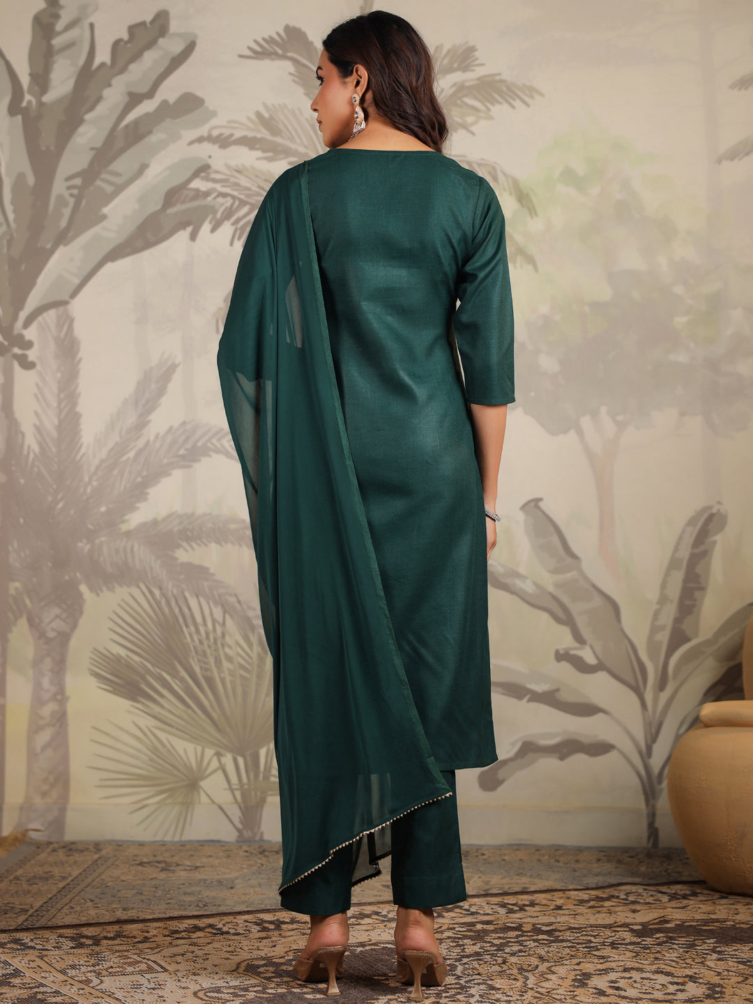 Janasya Dark Cotton Blend Yoke Embroidery Straight Kurta Set | Swadesiicart