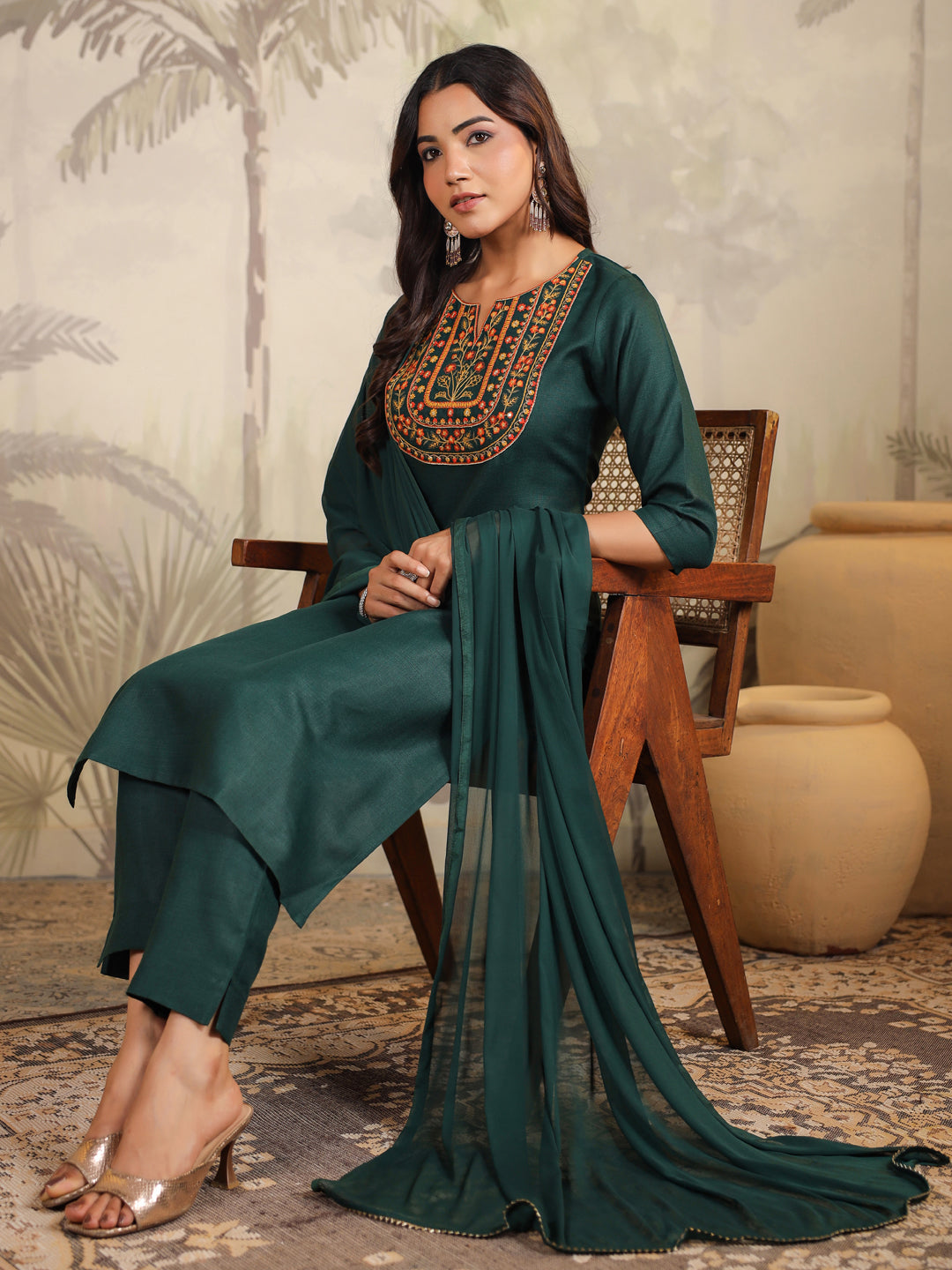 Janasya Dark Cotton Blend Yoke Embroidery Straight Kurta Set | Swadesiicart