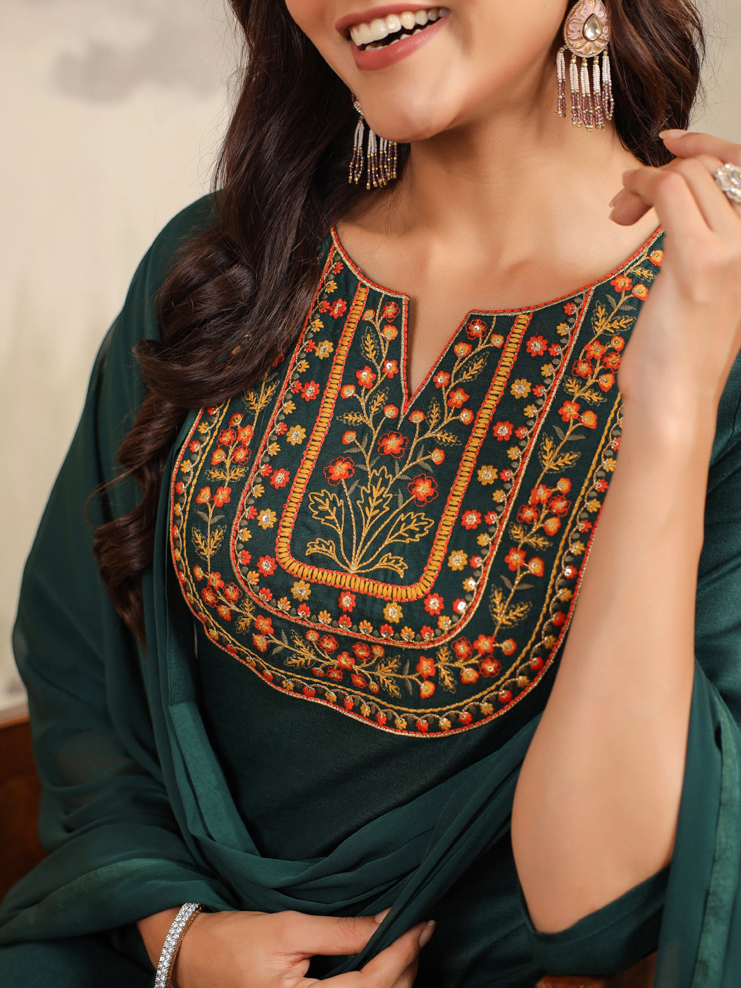 Janasya Dark Cotton Blend Yoke Embroidery Straight Kurta Set | Swadesiicart