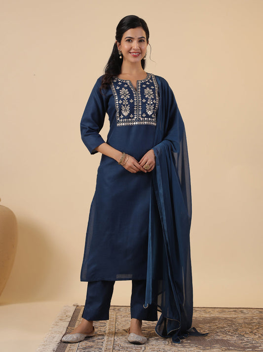 Janasya Dark Cotton Blend Yoke Embroidery Straight Kurta Set | Swadesiicart