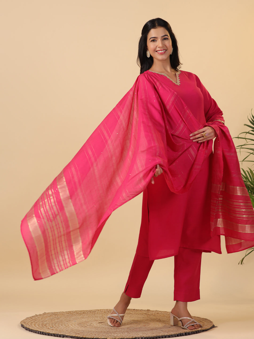 Janasya Bright Cotton Blend Solid Straight Kurta Set | Swadesiicart
