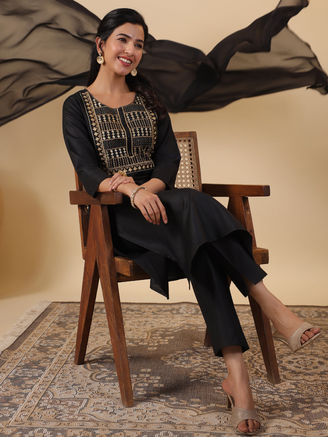 Janasya Dark Cotton Blend Yoke Embroidery Straight Kurta Set | Swadesiicart