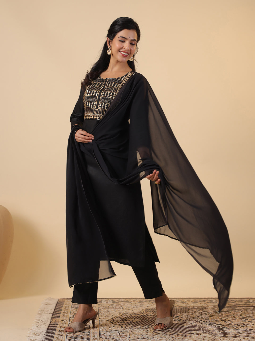 Janasya Dark Cotton Blend Yoke Embroidery Straight Kurta Set | Swadesiicart