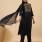 Janasya Dark Cotton Blend Yoke Embroidery Straight Kurta Set | Swadesiicart