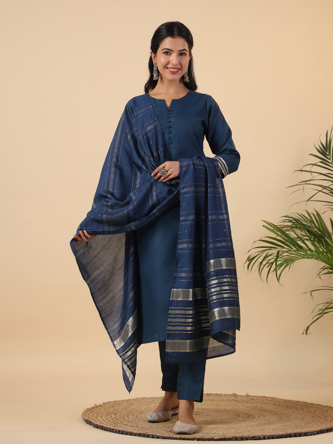 Janasya Dark Cotton Blend Solid Straight Kurta Set | Swadesiicart