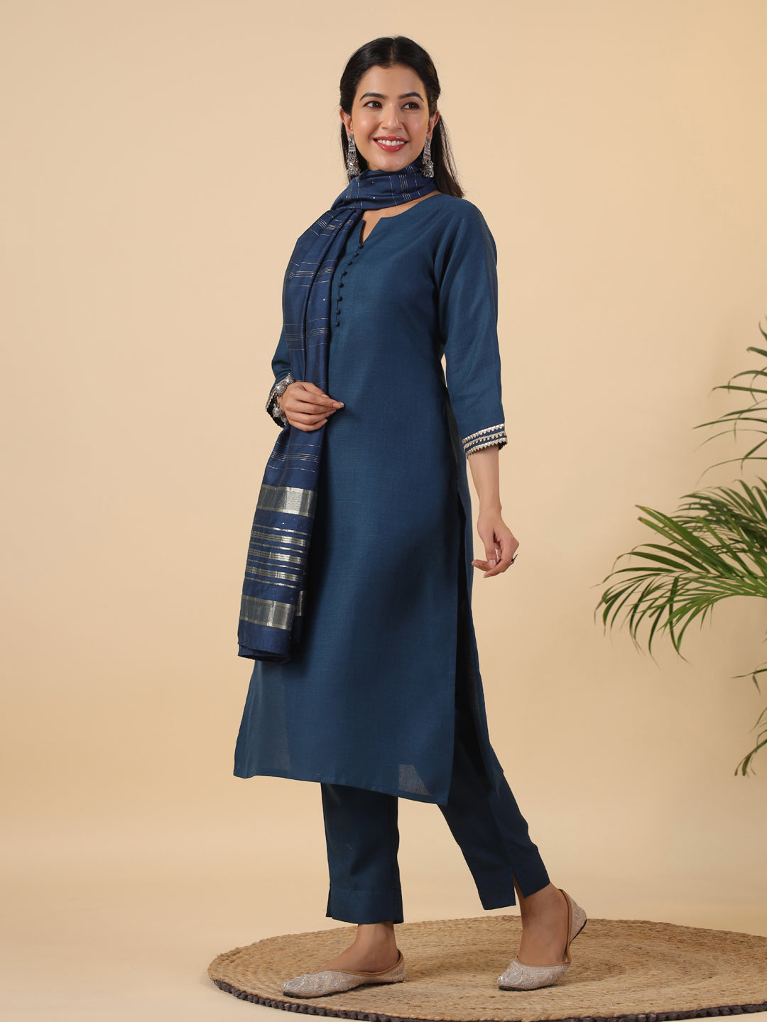 Janasya Dark Cotton Blend Solid Straight Kurta Set | Swadesiicart