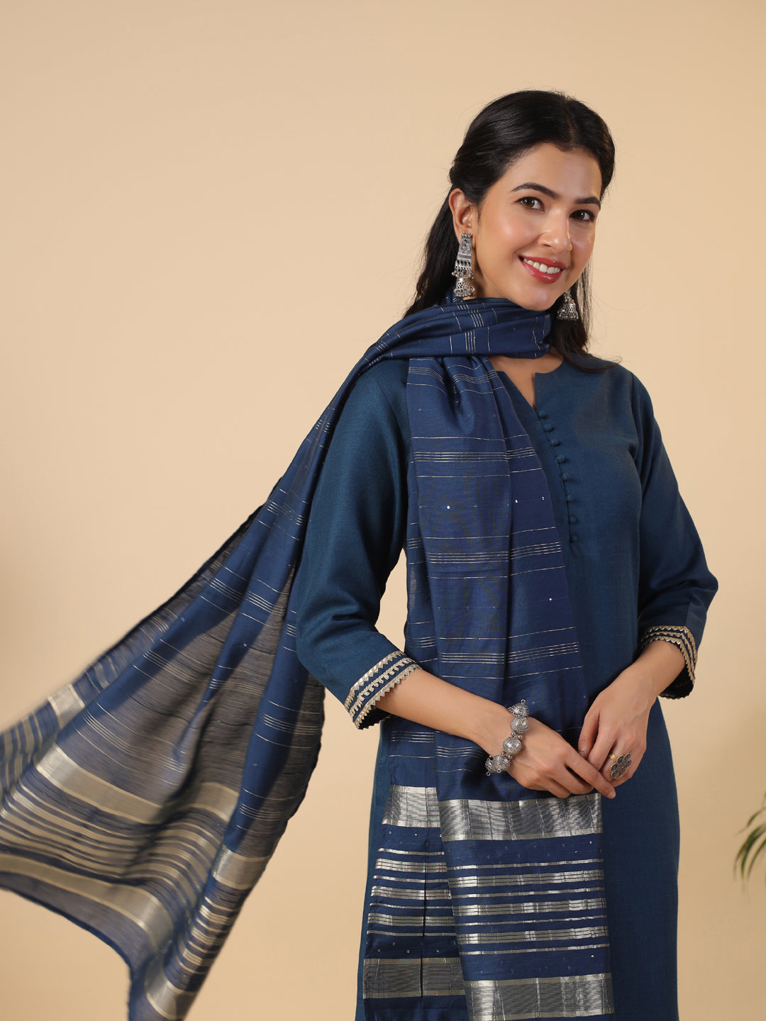 Janasya Dark Cotton Blend Solid Straight Kurta Set | Swadesiicart