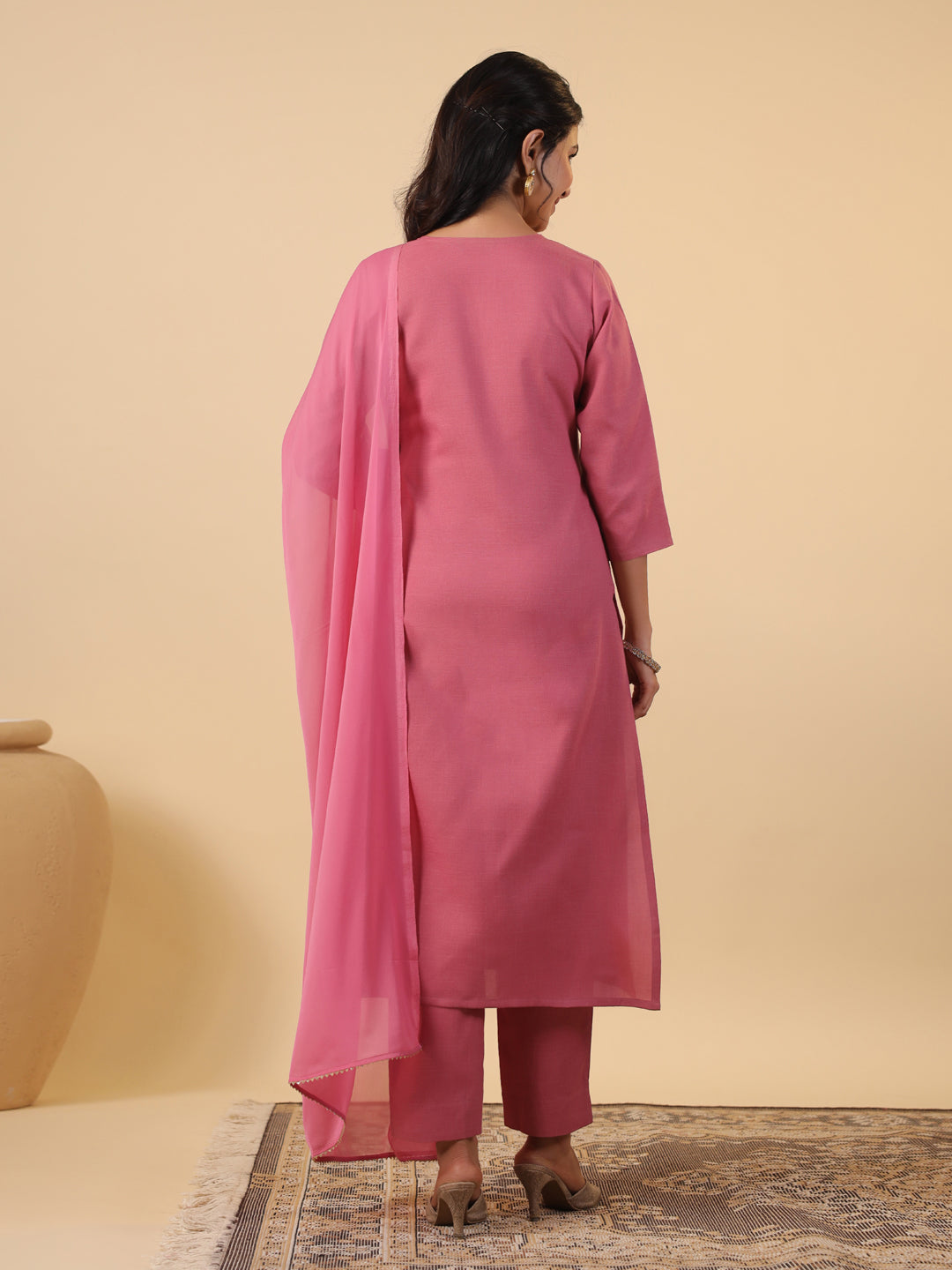 Janasya Light Cotton Blend Yoke Embroidery Straight Kurta Set | Swadesiicart