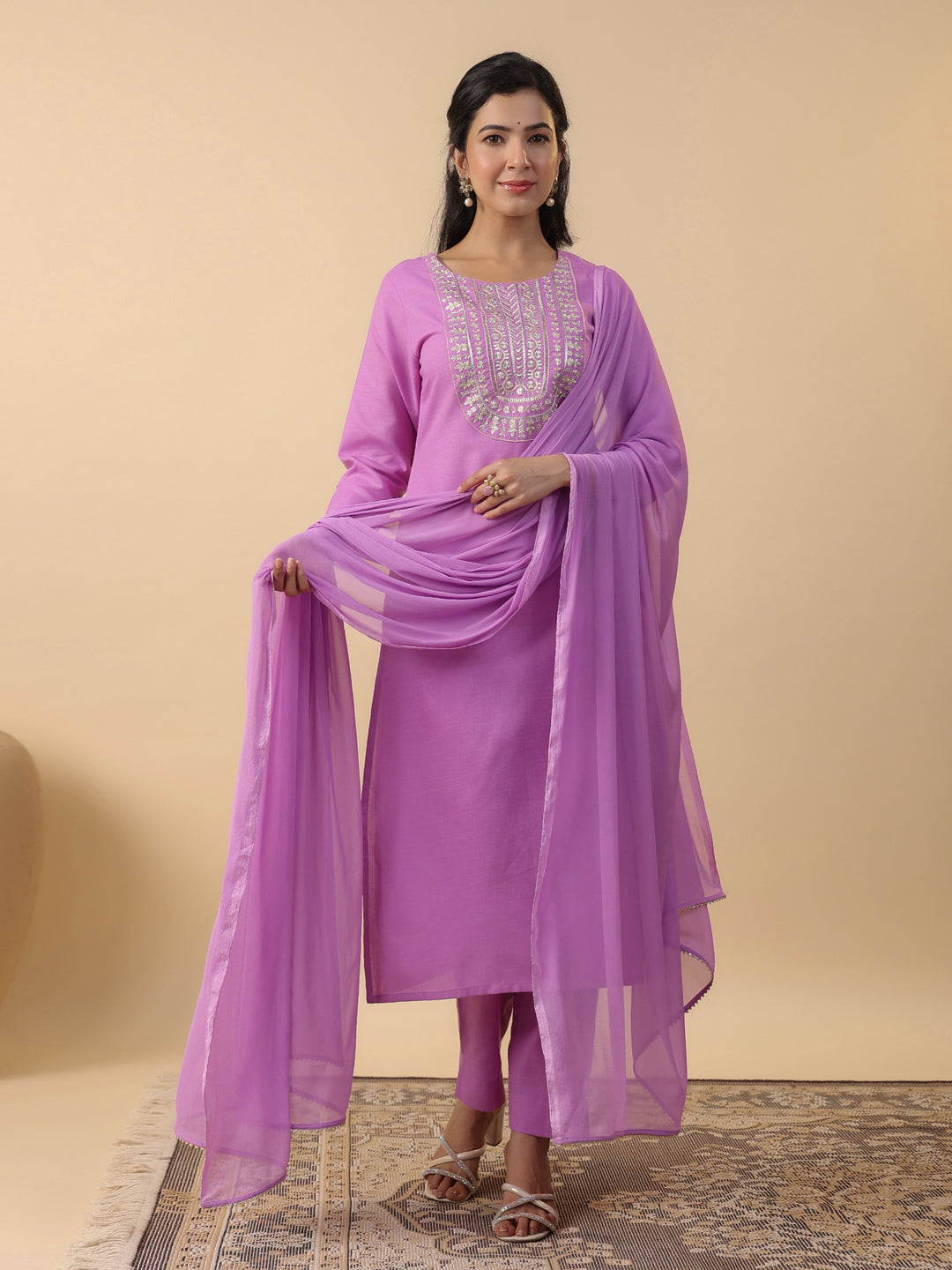 Janasya Bright Cotton Blend Yoke Embroidery Straight Kurta Set | Swadesiicart