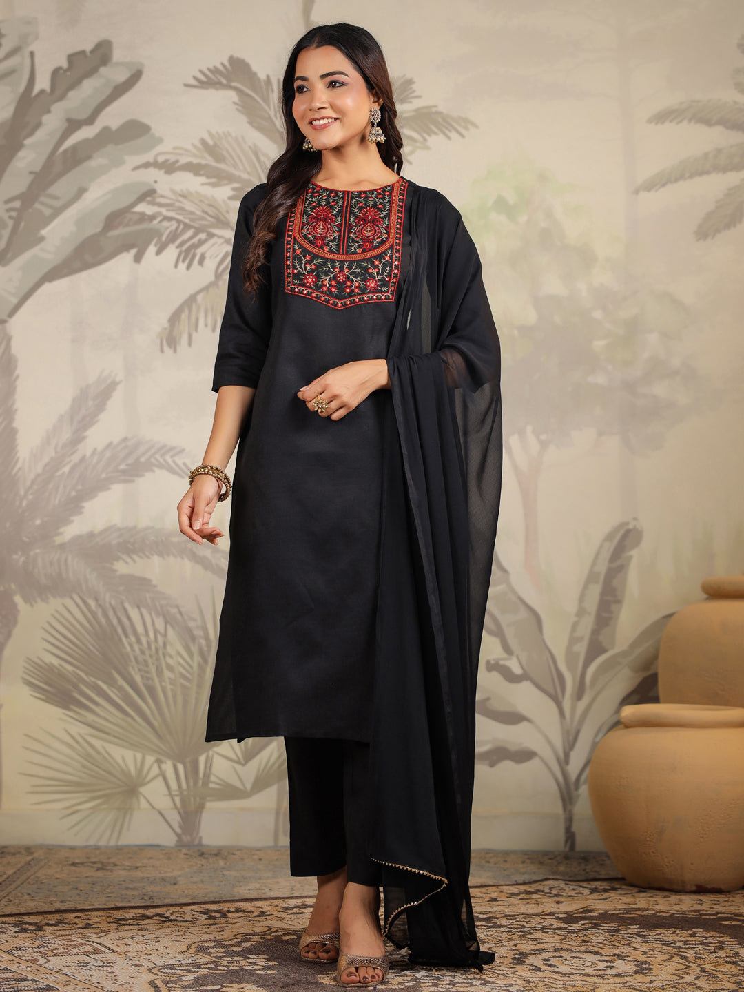 Janasya Dark Cotton Blend Yoke Embroidery Straight Kurta Set | Swadesiicart
