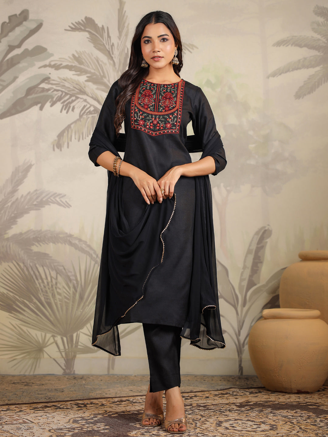 Janasya Dark Cotton Blend Yoke Embroidery Straight Kurta Set | Swadesiicart