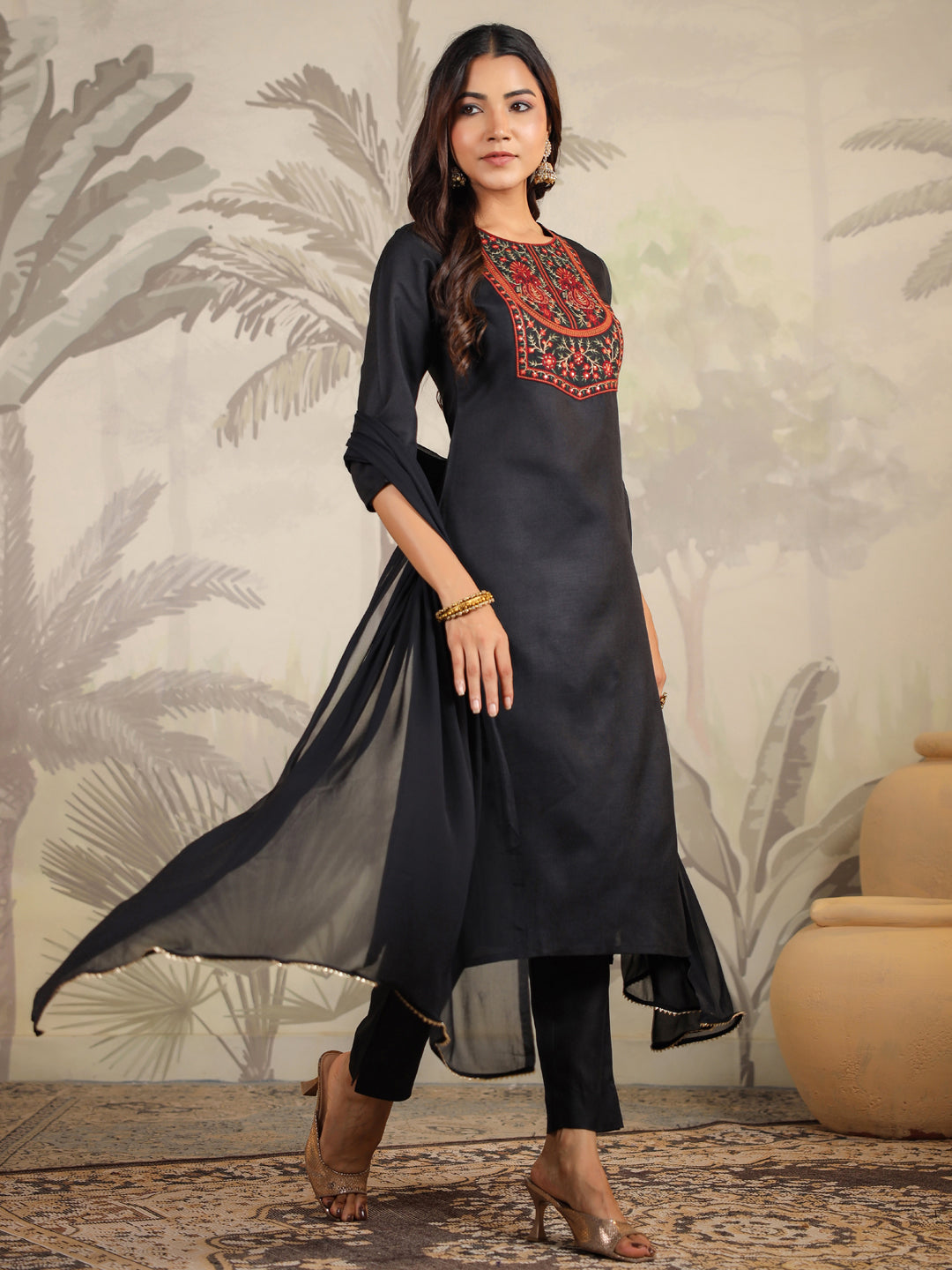 Janasya Dark Cotton Blend Yoke Embroidery Straight Kurta Set | Swadesiicart
