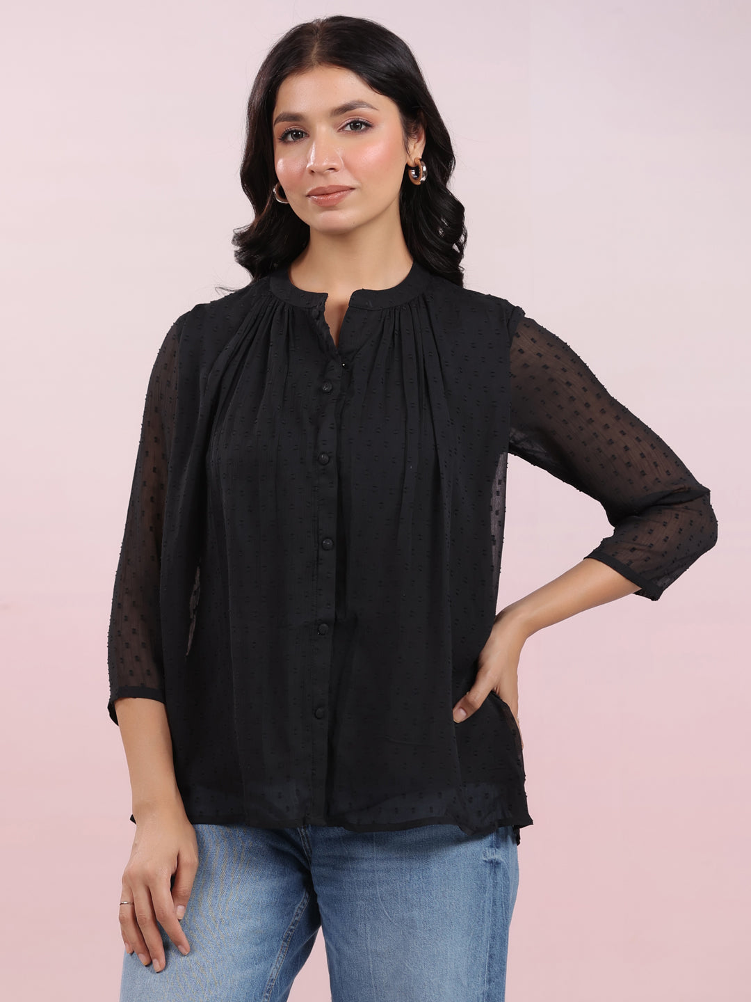Janasya Dark Dobby Chiffon Solid Regular Top | Swadesiicart