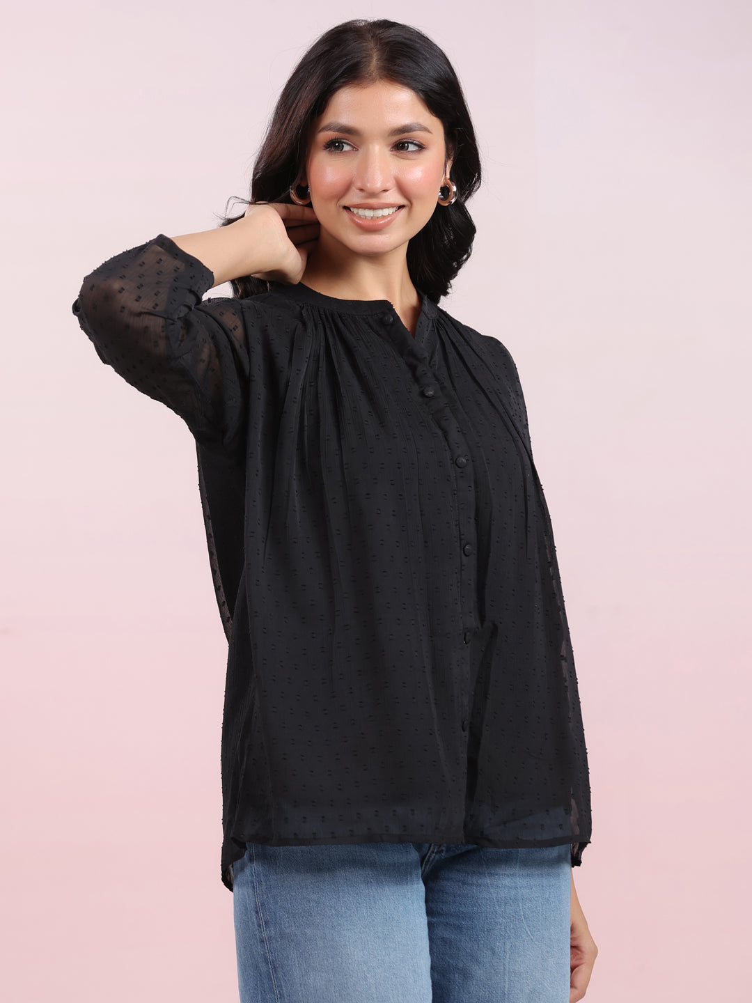 Janasya Dark Dobby Chiffon Solid Regular Top | Swadesiicart