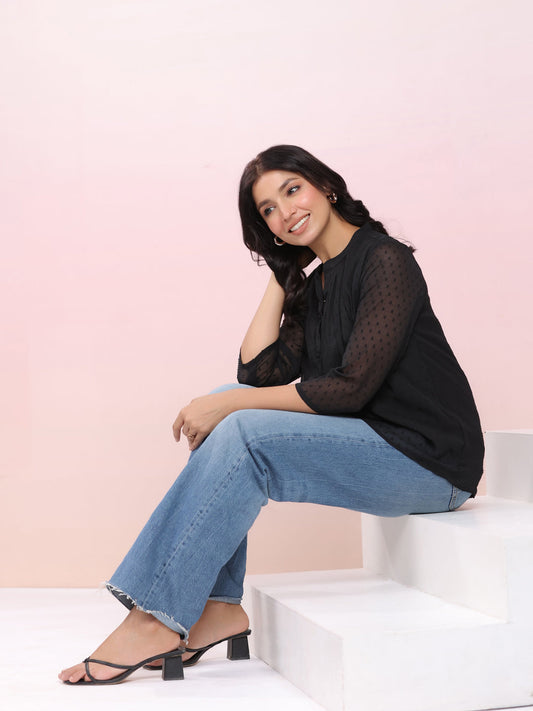 Janasya Dark Dobby Chiffon Solid Regular Top | Swadesiicart