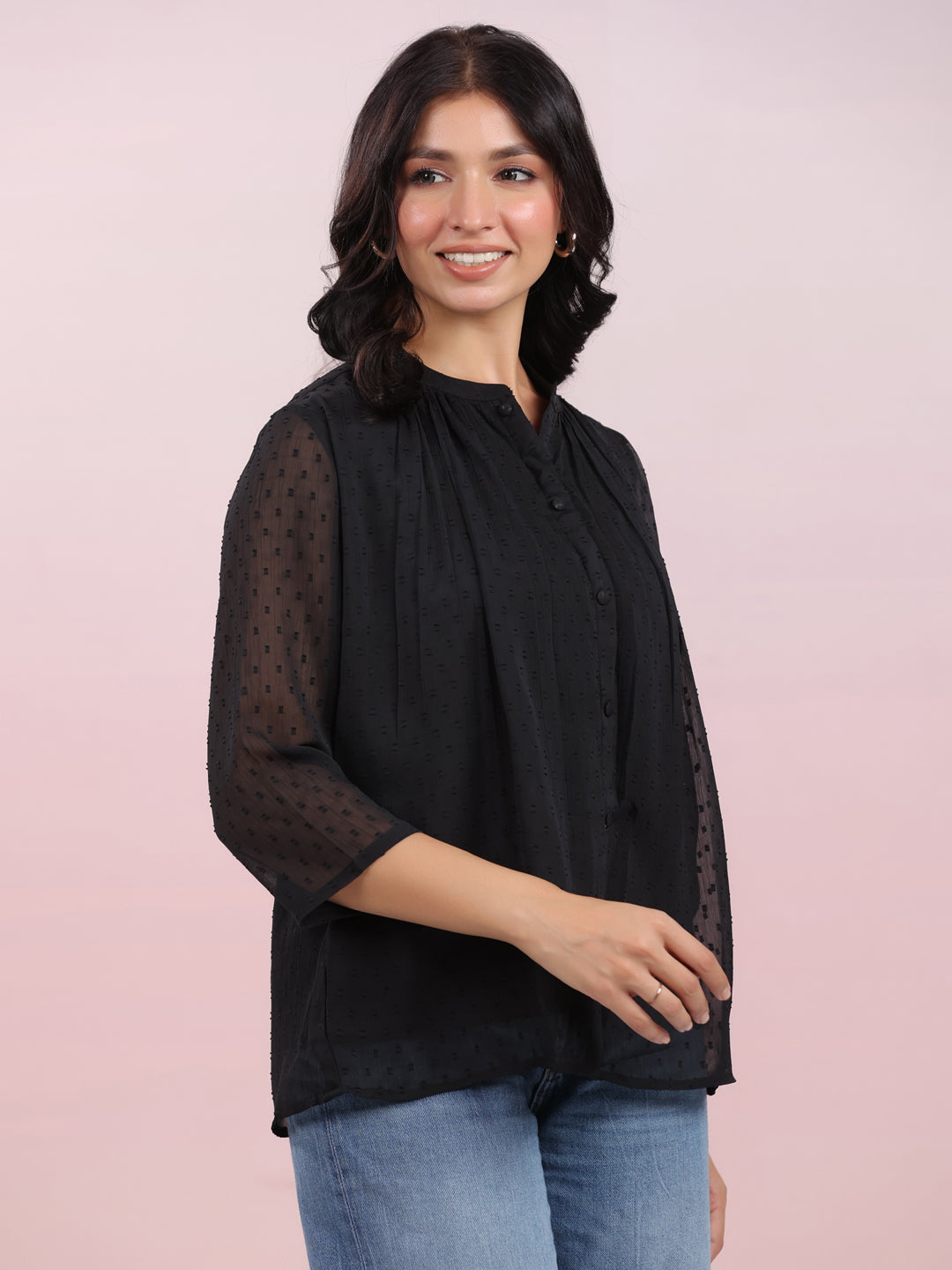 Janasya Dark Dobby Chiffon Solid Regular Top | Swadesiicart