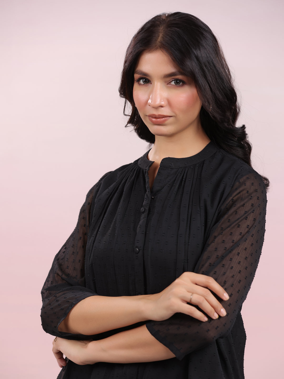 Janasya Dark Dobby Chiffon Solid Regular Top | Swadesiicart