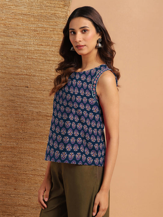 Janasya Dark Cotton Floral Straight Top | Swadesiicart