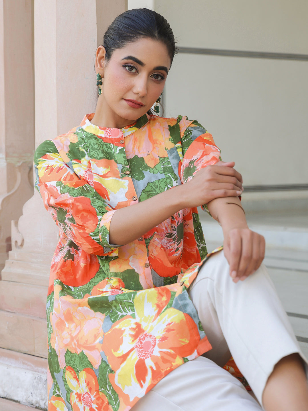 Janasya Bright Cotton Floral A-Line Tunic | Swadesiicart