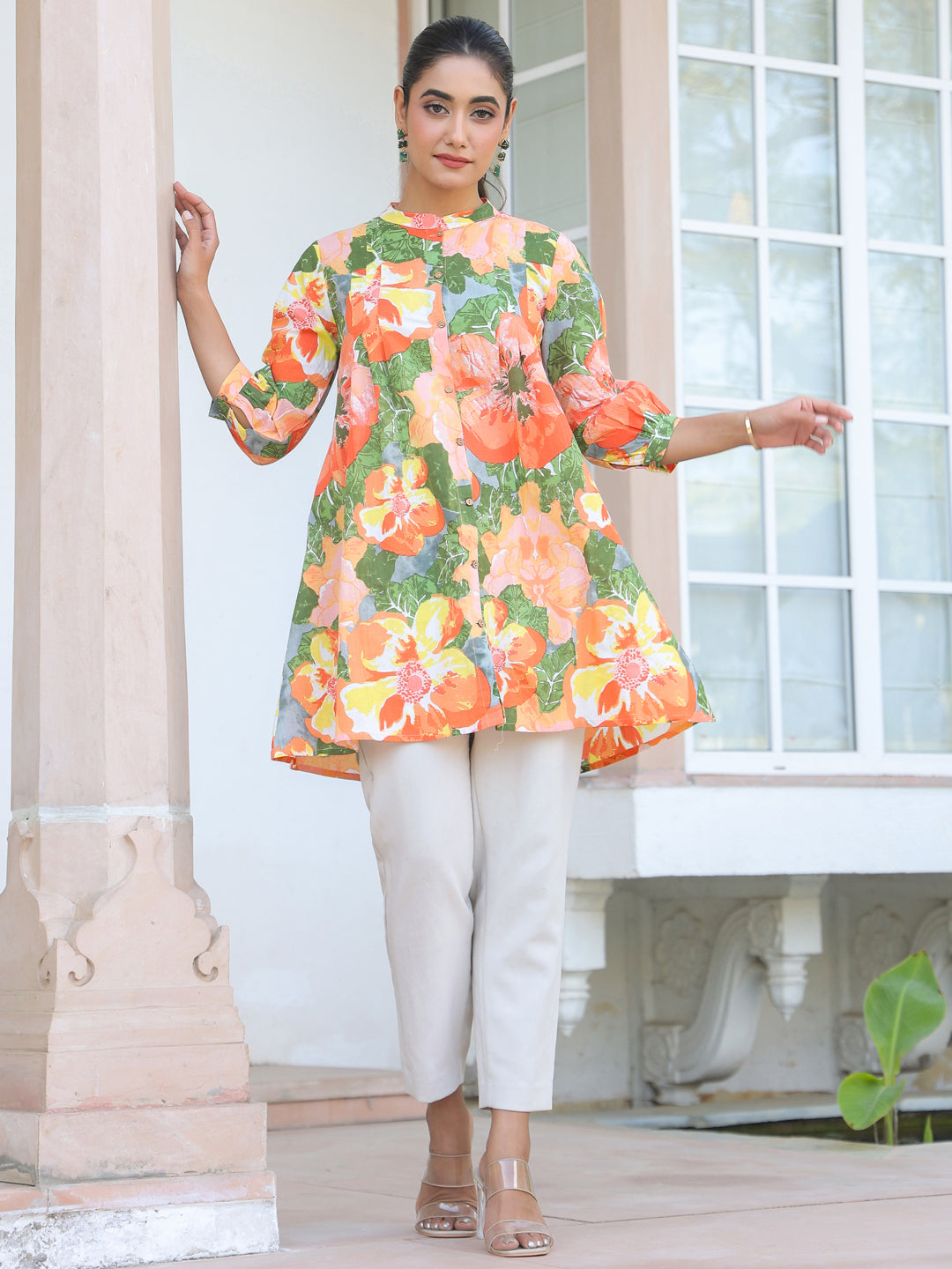 Janasya Bright Cotton Floral A-Line Tunic | Swadesiicart
