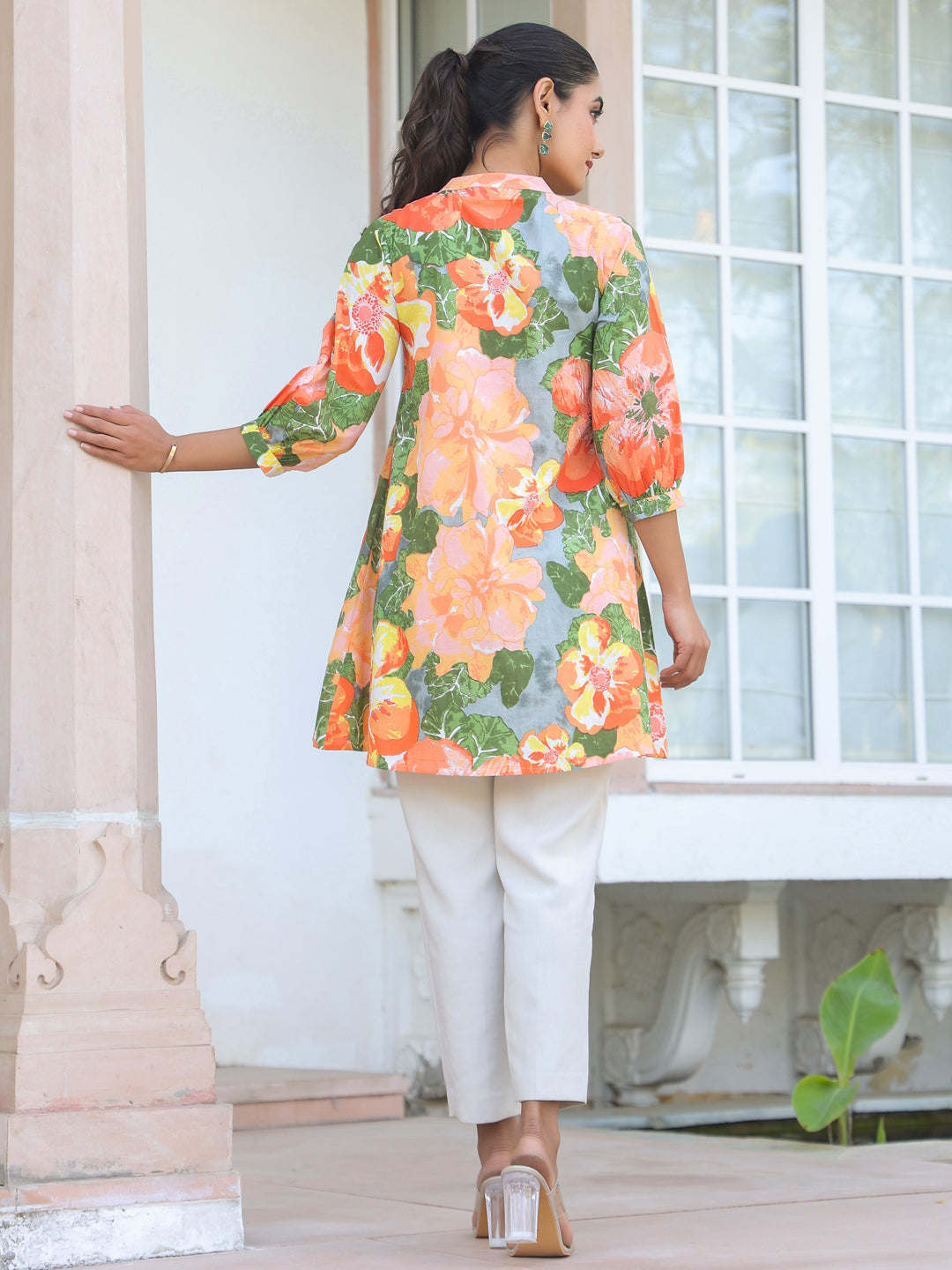Janasya Bright Cotton Floral A-Line Tunic | Swadesiicart