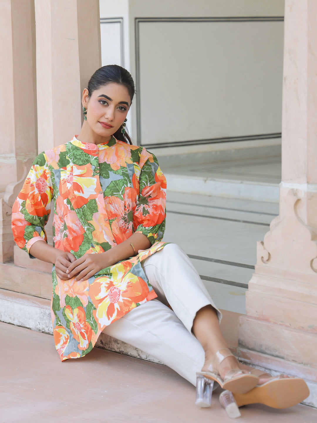 Janasya Bright Cotton Floral A-Line Tunic | Swadesiicart