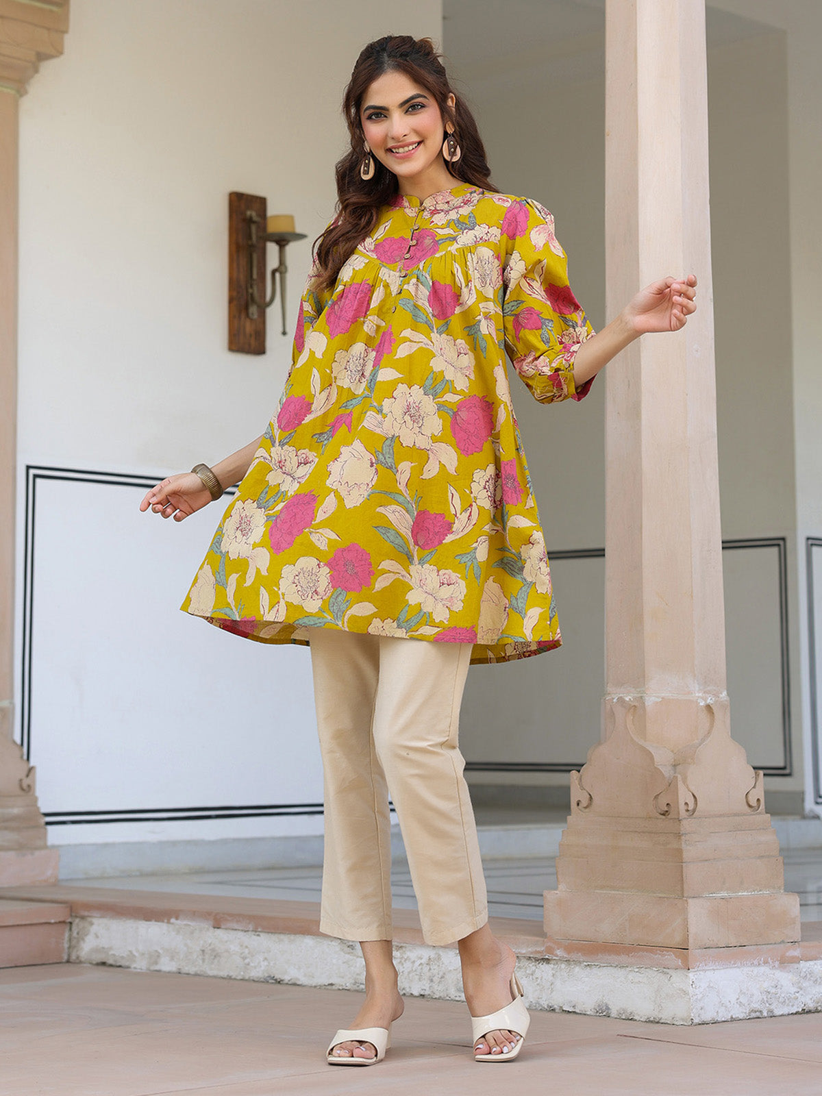 Janasya Bright Cotton Floral A-Line Tunic | Swadesiicart