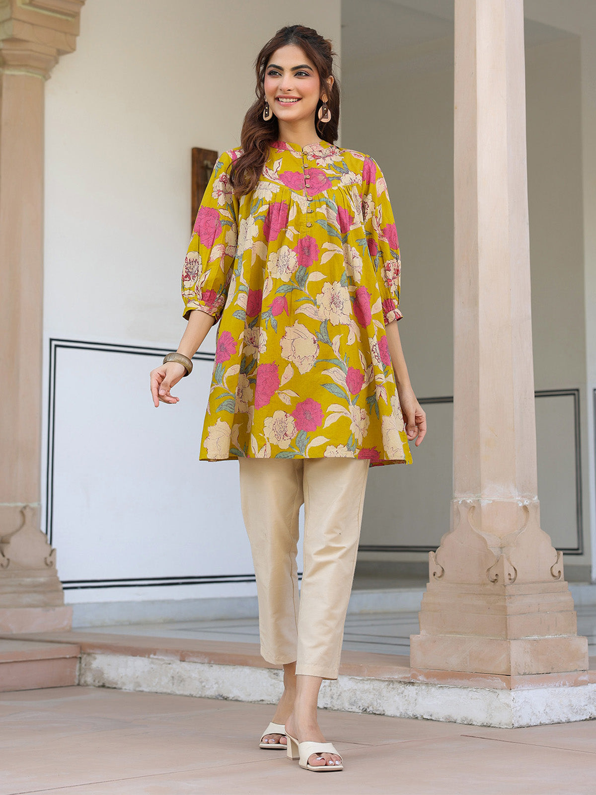 Janasya Bright Cotton Floral A-Line Tunic | Swadesiicart