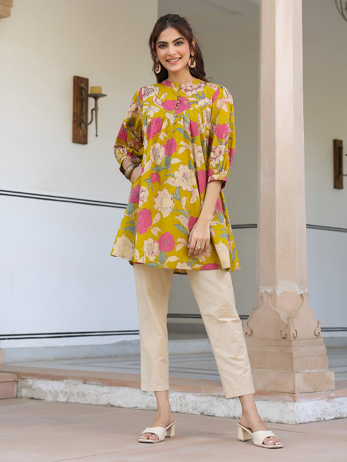 Janasya Bright Cotton Floral A-Line Tunic | Swadesiicart