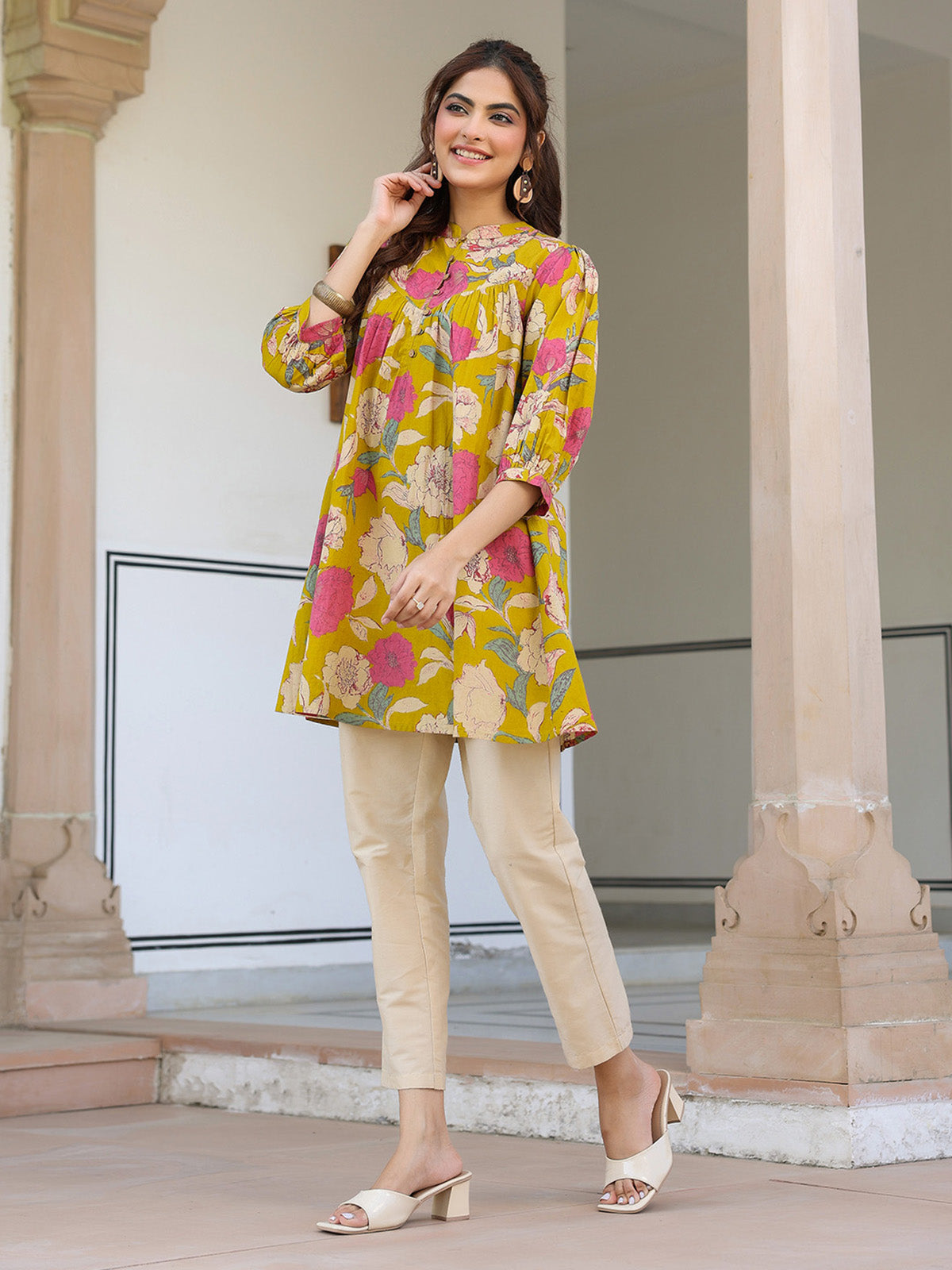 Janasya Bright Cotton Floral A-Line Tunic | Swadesiicart