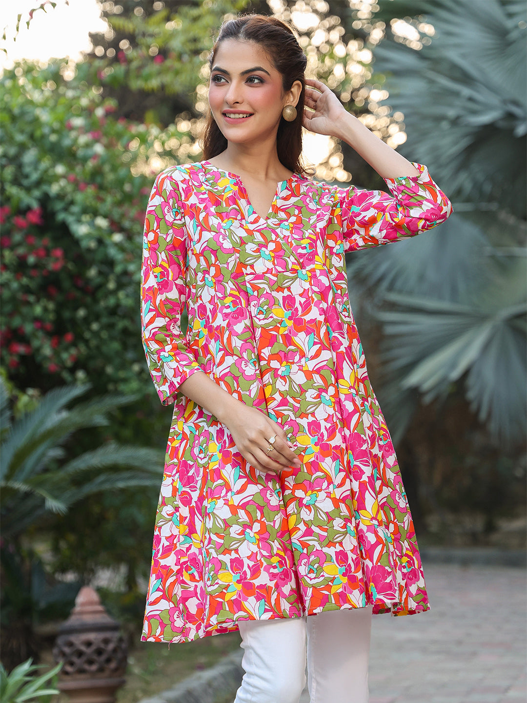 Janasya Bright Cotton Floral A-Line Tunic | Swadesiicart