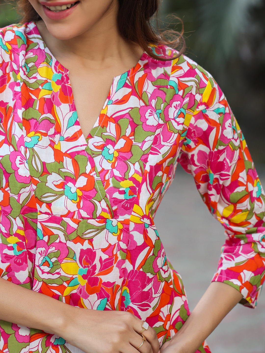 Janasya Bright Cotton Floral A-Line Tunic | Swadesiicart
