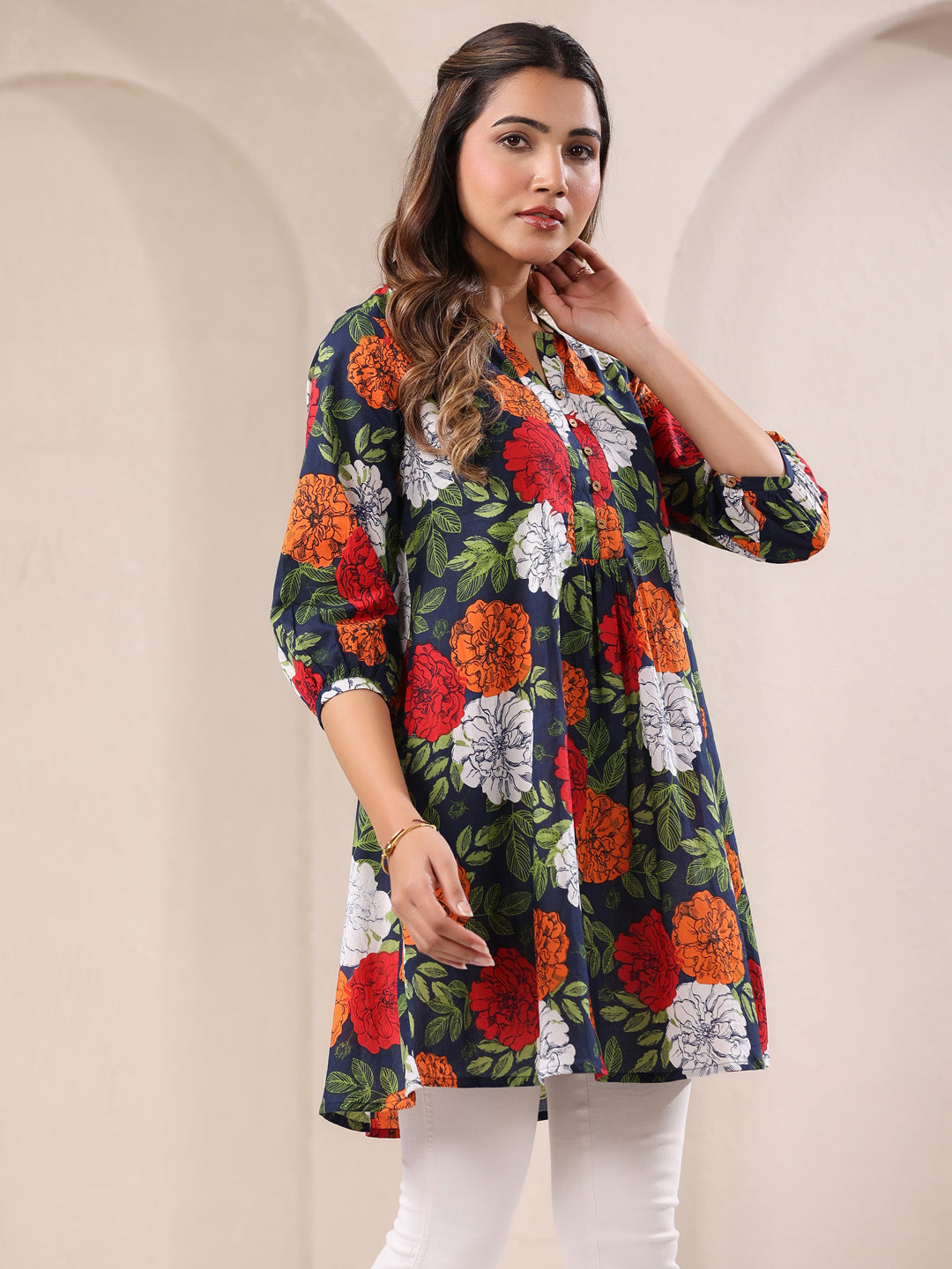 Janasya Bright Cotton Floral A-Line Tunic | Swadesiicart