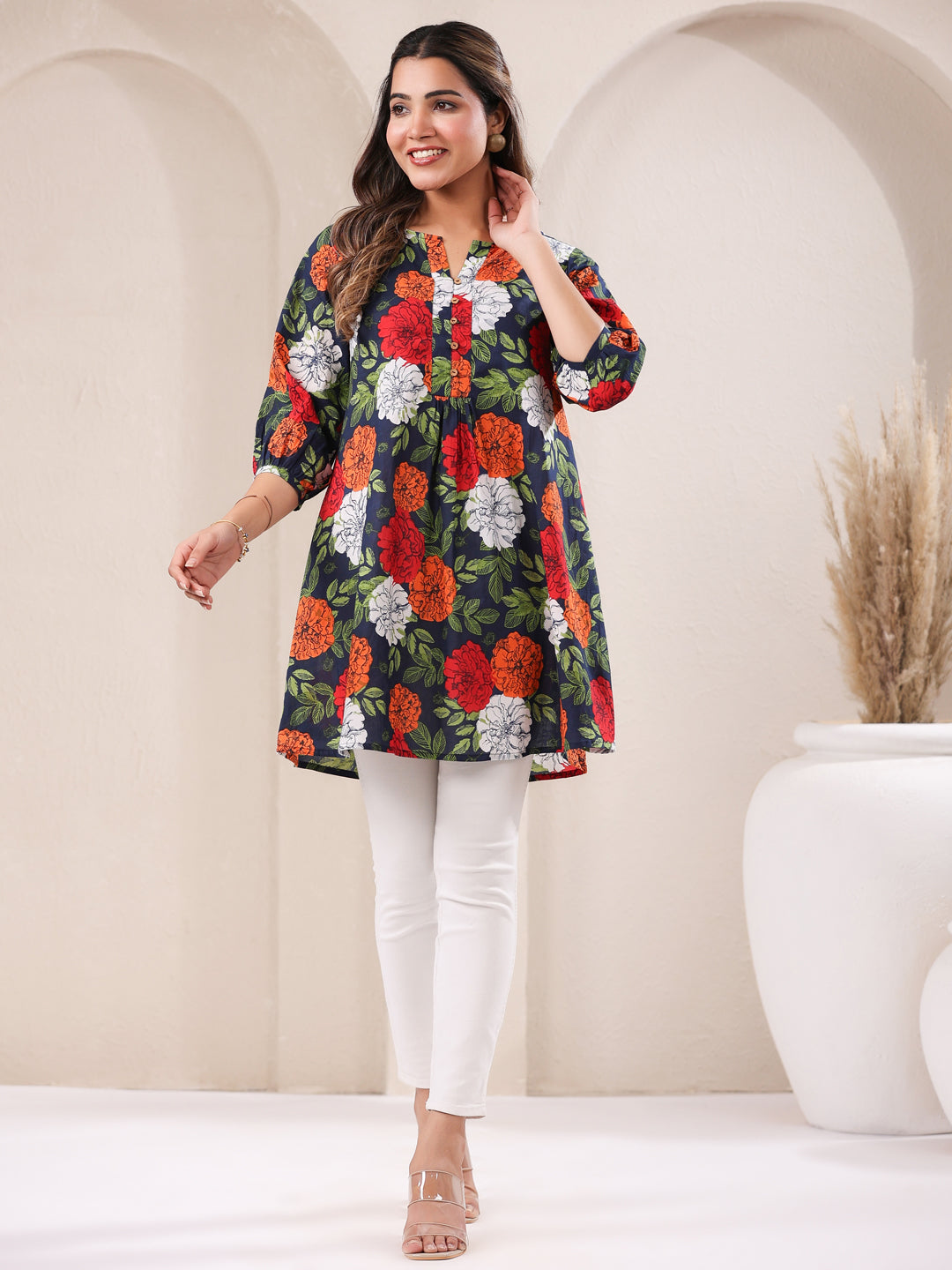 Janasya Bright Cotton Floral A-Line Tunic | Swadesiicart