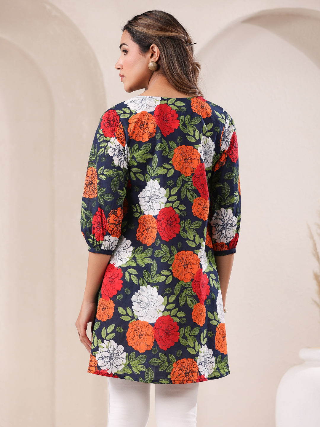 Janasya Bright Cotton Floral A-Line Tunic | Swadesiicart